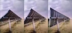 Figure 1: A three-frame field sequence — a row of single-axis trackers twisted progressively upright by strong wind, from a gentle tilt all the way to near-vertical, which is the real process of rapid amplitude growth once aerodynamic instability occurs.