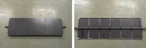 Figure 4: Two real photos of the 1:6 segment model, showing the carbon-fiber panels, the frames reproduced with carbon-fiber strips, the square tube simulating the single axis, and the torque tube passing through the model centre.