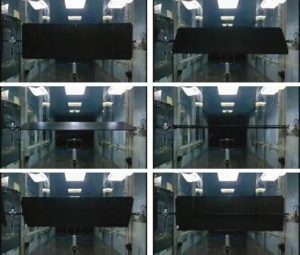 A six-photo sequence of the segment model in the wind-tunnel test section, corresponding to −90°, −60°, −30°, 0°, 60° and 90° torsional positions, directly showing the whole process of the module flipping from near-horizontal to near-vertical during large-amplitude aerodynamic instability.